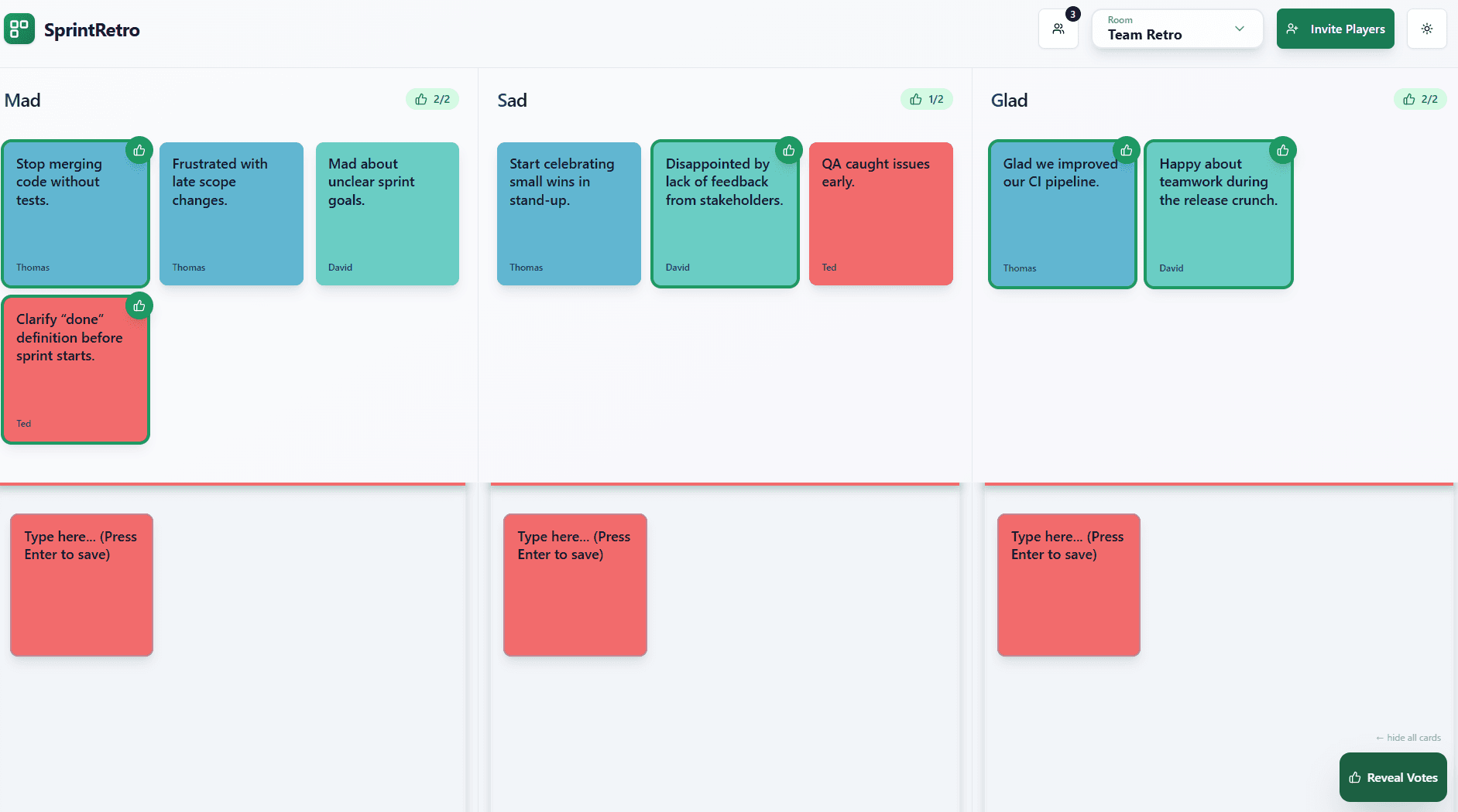 Revealed cards with team voting